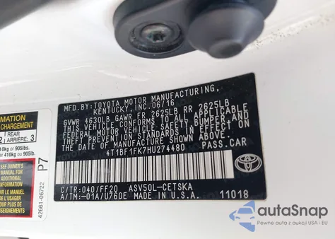 2017 Toyota Camry Se из США, поврежденный, VIN 4T1BF1FK7HU274480